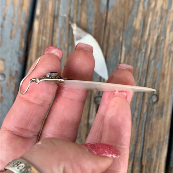 Vintage Sterling Silver Lapis & Mother of Pearl Feather Like Dangle Earrings - Picture 9 of 15